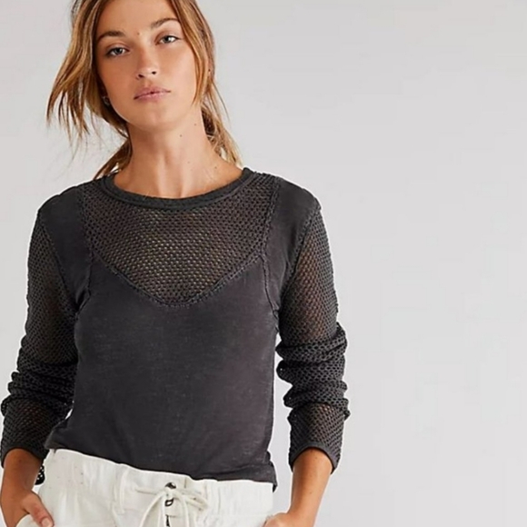 Free People Tops - Free People Gray Solar Eclipse Mesh Crochet Long Sleeve Top